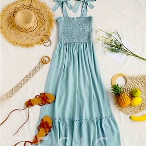 NWT Boho Spaghetti Strap Square Neck Ruffle A Line Beach Long Maxi Dress